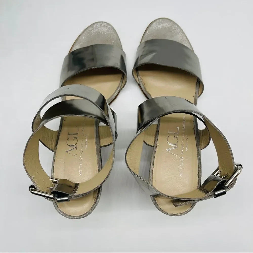 AGL Attilio Giusti Leombruni Silver Wedge Sandals Size 41